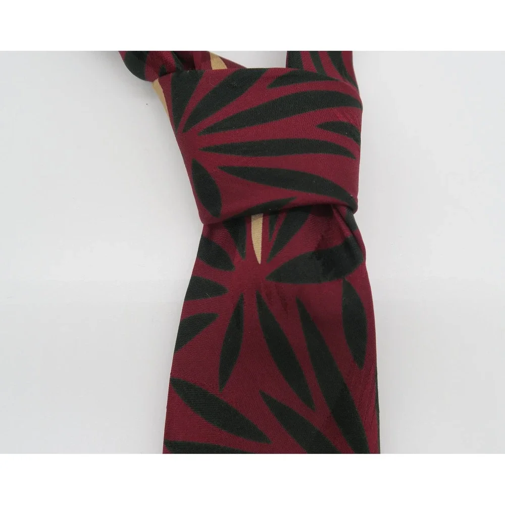 Polo Ralph Lauren Men Silk Tie Burgundy Red Black Tan Leaf Pattern Hand Made USA